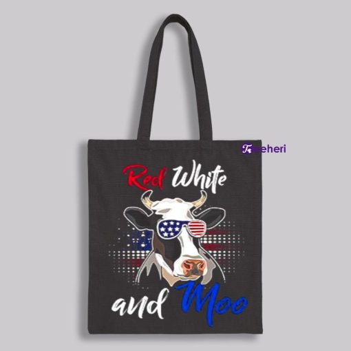 Red White And Moo Independence Day Cow Vintage Custom Canvas Tote Bags