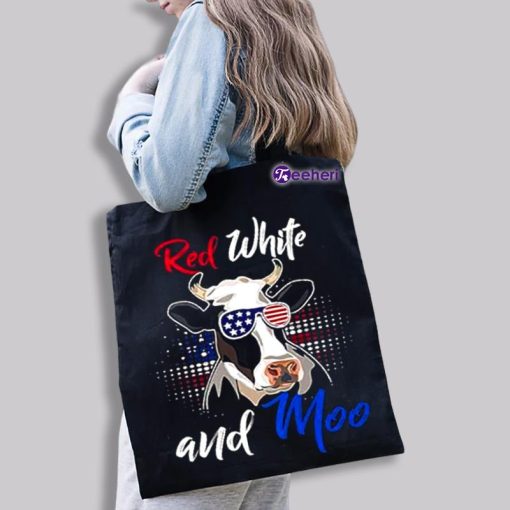 Red White And Moo Independence Day Cow Vintage Custom Canvas Tote Bags