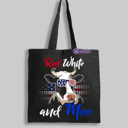 Red White And Moo Independence Day Cow Vintage Custom Canvas Tote Bags