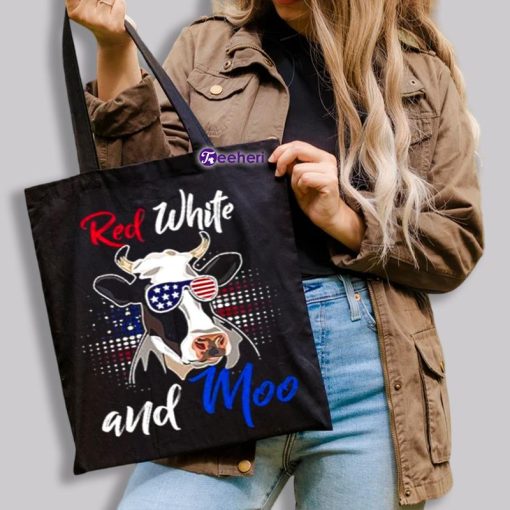 Red White And Moo Independence Day Cow Vintage Custom Canvas Tote Bags