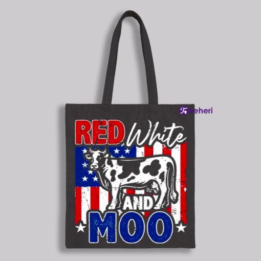 Red White Moo Cow 4Th Of July Black Canvas For Tote Bags