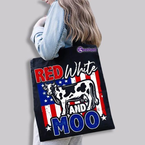 Red White Moo Cow 4Th Of July Black Canvas For Tote Bags