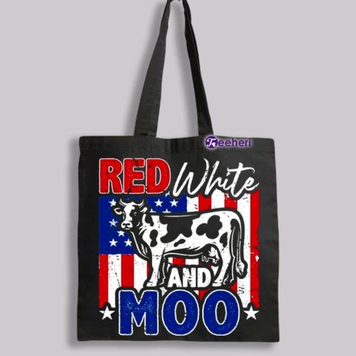 Red White Moo Cow 4Th Of July Black Canvas For Tote Bags