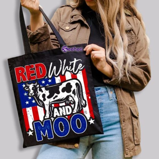 Red White Moo Cow 4Th Of July Black Canvas For Tote Bags