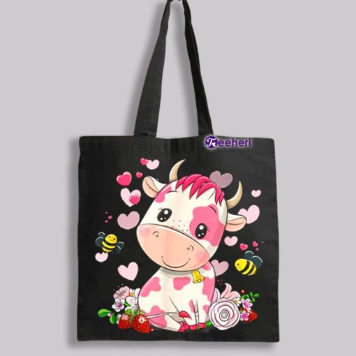 Strawberry Cow Pink Black Canvas Tote Bag Ideas