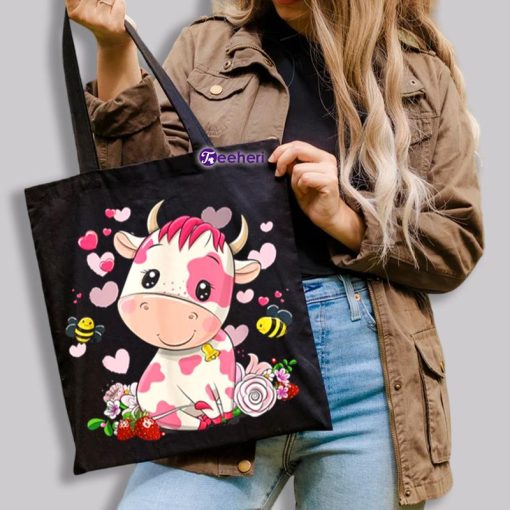 Strawberry Cow Pink Black Canvas Tote Bag Ideas