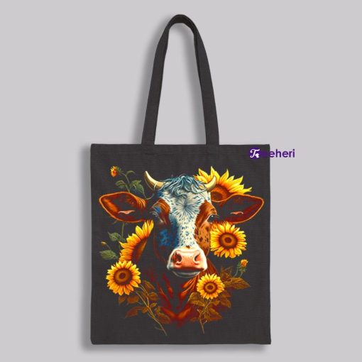 Sunflowers Cow Design Canvas Bag For Work