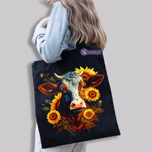 Sunflowers Cow Design Canvas Bag For Work