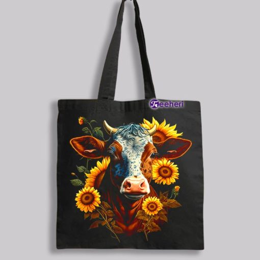 Sunflowers Cow Design Canvas Bag For Work