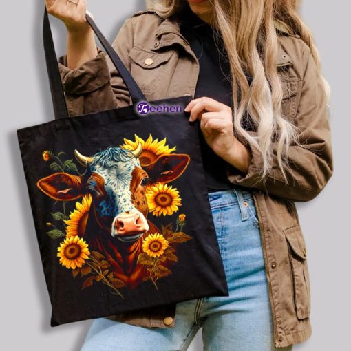 Sunflowers Cow Design Canvas Bag For Work